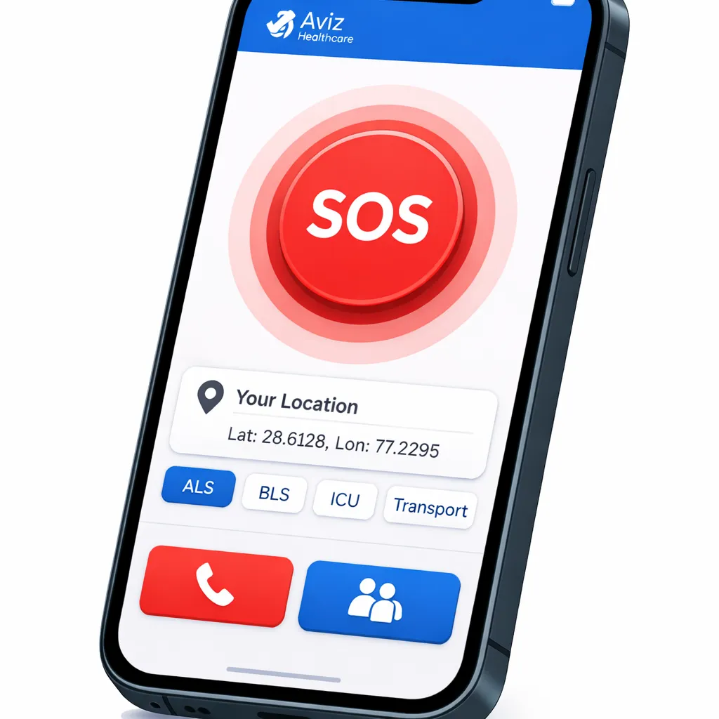 Aviz Healthcare mobile app interface for emergency ambulance dispatch - request, track, and manage your emergency ambulance dispatch from your phone